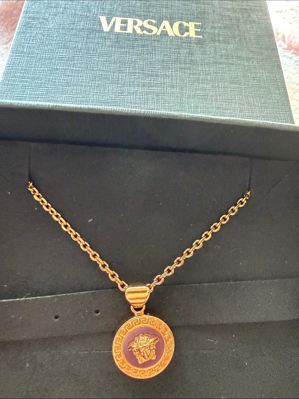 Versace Authentic Gold color Medusa Necklace with Purple lavender enamel Center - Picture 3 of 5